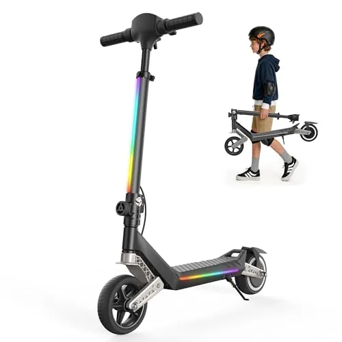 isinwheel Patinete Electrico Niño K6,6-12 Años,Ruedas Macizas 6.5",3 Velocidades5/10/16 km/h,Doble Suspensión Delantera y Trasera,3 Modos LED, Bluetooth,Plegable Ajustable,Carga Máxima 70 kg