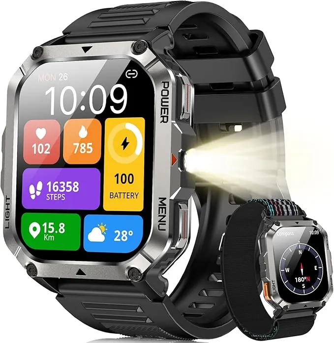 Blackview Reloj Inteligente Hombre Militar - Linterna y Brújula, 2.01"Smartwatch Hombre con 100+ Modos Deportivos, Llamadas Bluetooth/Notificación, Pulsómetro/Oxímetro/Sueño, Pulsera Actividad, Negro