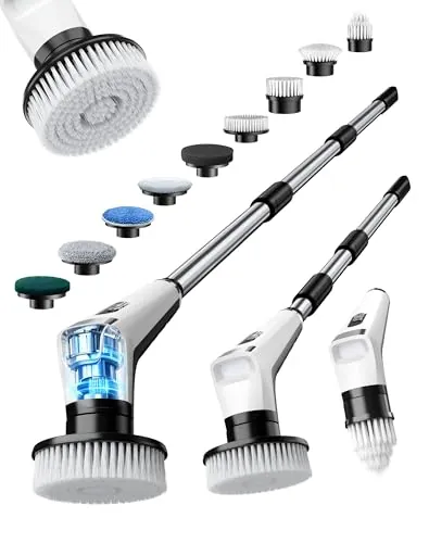 Fofile Cepillo Eléctrico de Limpieza con 9 Cabezales Intercambiables, IPX8 Impermeable, 3 Velocidades, Batería 3000 mAh, Mango Telescópico con Luz LED, Cepillo Giratorio para Baño, Cocina, Azulejos