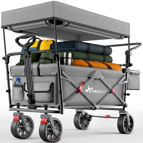 TRESKO® Carro Plegable con Techo, Compartimento de refrigeración y Ruedas Laterales, Carro de Mano máx. soporta hasta 150 kg, Carro de Transporte con neumáticos de Goma Maciza, Frenos