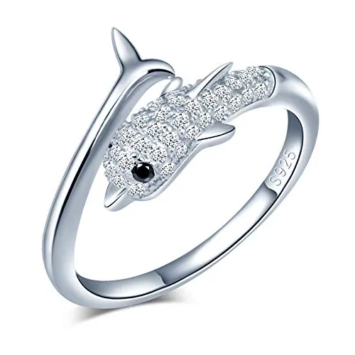 Yumilok - Anillo de plata 925, anillo ajustable para mujer, anillo de compromiso abierto, anillo de delfín lindo, anillo de boda, talla ajustable, circonita incrustada, para Navidad y cumpleaños,