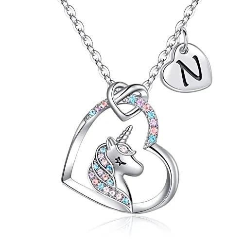 TINGN Unicornio Regalos para Niñas Collar de Corazón, Chapado en Oro Blanco de 14k Cadena con Letras Iniciales N