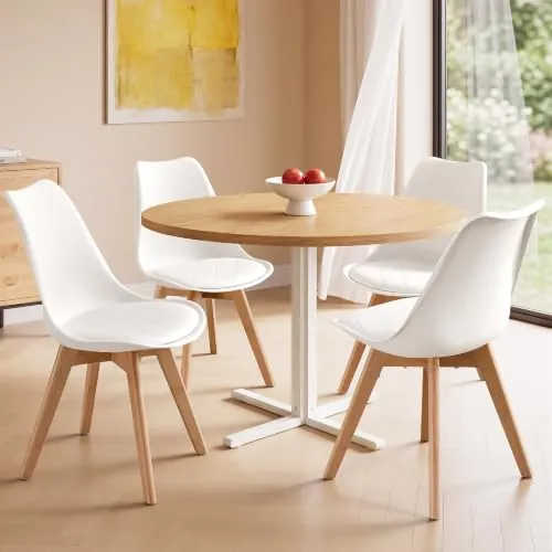 VASAGLE Sillas de Comedor, Cuero PU y Madera de Haya, Asiento Acolchado, Set de 4, 46,5 x 57 x 79 cm, Blanco Nube y Color Natural, para Salón y Cocina, Colección Lenna KDC888WD01