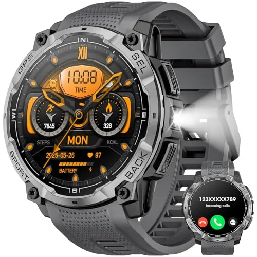 Reloj Inteligente Hombre Militar con GPS, 1.43" AMOLED HD Smart Watch con Llamada Bluetooth, Linterna LED, Brújula, Pulsómetro, 100+ Modos Deportivos, 3ATM Impermeable Reloj Deportivo para Android iOS