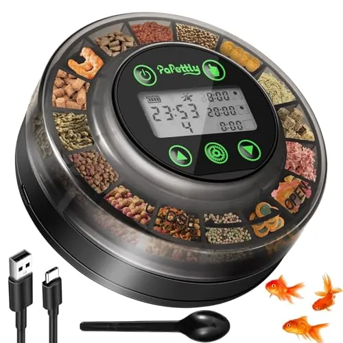 Papettly Alimentador Automatico Acuario - 200ml Comedero Automatico Peces con USB Charger y Pantalla LCD para Tortugas Peceras con Temporizador de Vacaciones, Cuchara Dispensador Comida Pieces, Negro
