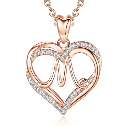 INFUSEU Collar Oro Rosa, Letra Para Las Mujeres M Inicial del Corazón Colgante Sin Collar de Circonio Cúbico de Joyería de Cumpleaños Romántico Para Ella, 20 Pulgadas De La Cadena