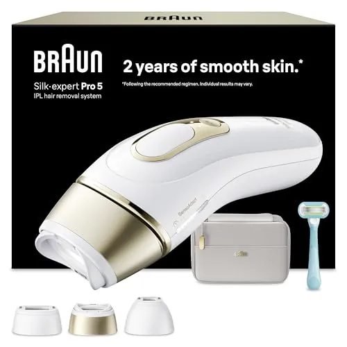 Braun Depiladora Luz Pulsada Silk·expert Pro 5, IPL, Depilación Láser en Casa para Cara Y Cuerpo, Reducción Permanente del Vello, Depiladora Laser con 3 Cabezales, Neceser Y Maquinilla Venus, PL5311