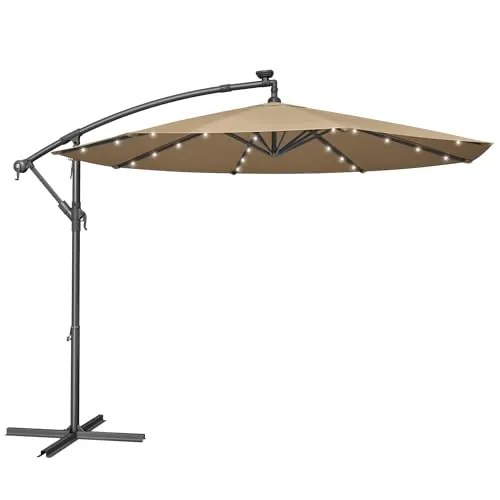 SONGMICS Sombrilla para Balcón con Iluminación LED Solar, Brazo de 300 cm de Diámetro, 32 Luces, con Base, Parasol UPF 50+, con Manivela, para Terraza, Jardín, Topo GPU118K01