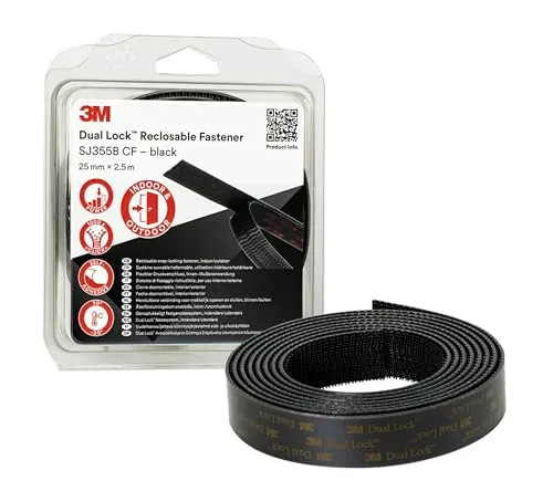 3M Dual Lock SJ355B CF, Sistemas de Cierre Reposicionable, 25 mm x 2.5 m | Excelente Adhesión a Metales, Vidrio, Acrílicos, Policarbonato y ABS, Negro, 1 Unidad
