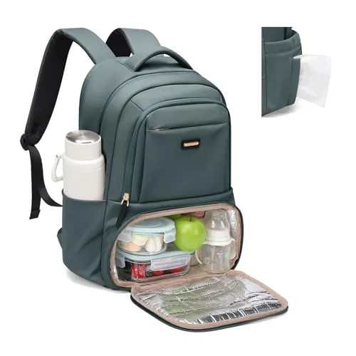 GOLF SUPAGS Mochila de Almuerzo Portatil Mujer, Mochilas Ordenador Portatil 16 Pulgadas, Mochilas Térmica con Compartimento para Almuerzo, para Escuela, Oficina, Picnic y Viaje (Verde Oscuro)