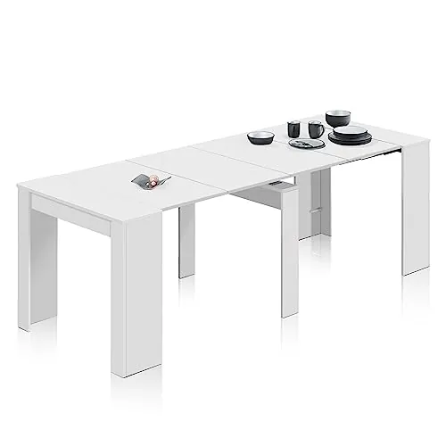 Habitdesign – Mesa Extensible para Comedor, Mesa Ampliable para Salón o Cocina - 5 Posiciones y hasta 10 Comensales - Blanco Brillo - 50-235x90x78 cm - Modelo Consola