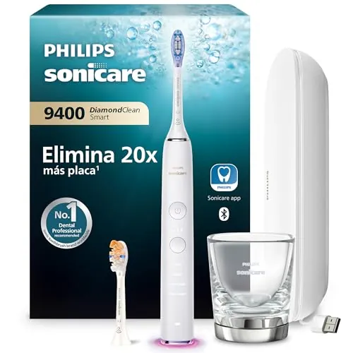 Philips Sonicare DiamondClean Smart 9400, cepillo dental eléctrico, con aplicación, sensor de presión, detección de cabezal de cepillado, blanco, modelo HX9917/88, Blanco, 2 Cabezales