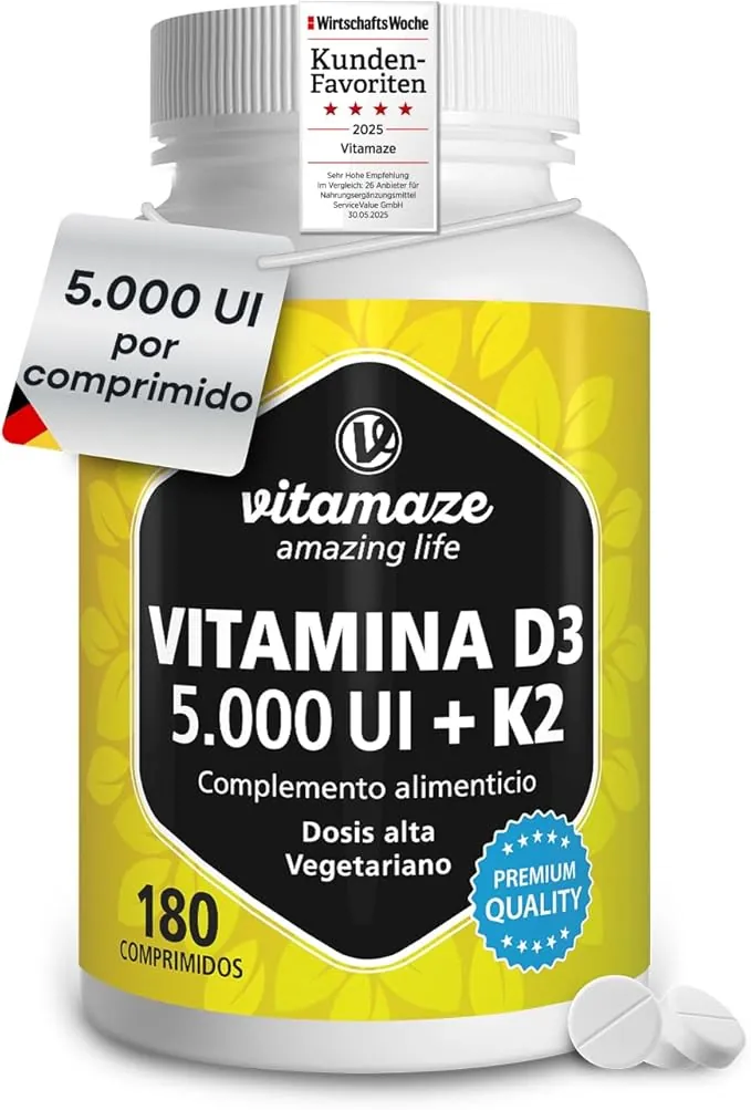 Vitamina D3 y K2 Alta Dosis (5000 UI Vitamina D3 + Vitamina K2 100 Mcg) - Sistema Inmunológico y Óseo - 180 Comprimidos Alta Biodisponibilidad, Calidad Alemana. Vitamaze®