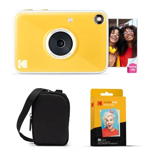 Kodak Printomatic+ Cámara Digital Instantánea 10MP Paquete de Inicio con Funda, LED RGB y Papel Zink 20 Hojas – Amarillo