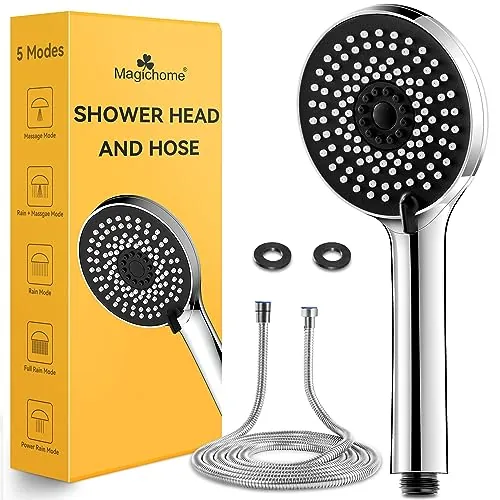Magichome Alcachofa Ducha de Alta Presión con Manguera 2M y 5 Modos | Cabezal de Ducha de Mano, Cromo Negro, Ahorro de Agua, 5 Modos de Chorro, Ideal para Hogar y el Baño, Fácil Instalación