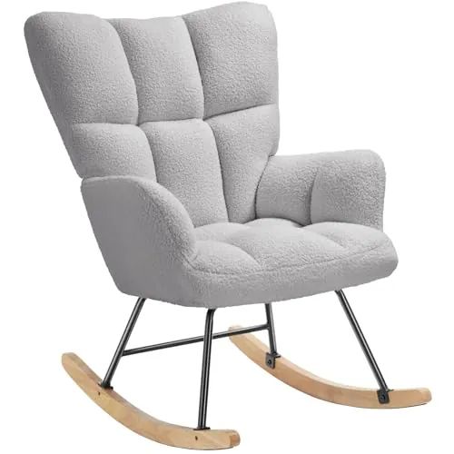 tectake® Mecedora Tapizada, Silla Mecedora, Butaca de Salón con Estructura en Acero y Patines de Madera, Silla Lectura, Sillón Lactancia, Sillón Nórdico Dormitorio, Butaca Relax - Gris Claro