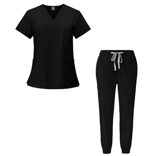 Meichoon Conjunto médico mujer Top elástico de cuello en V y pantalón con cordón ajustable de manga corta Ultra suave y de secado rápido DK05 Negro Pequeño