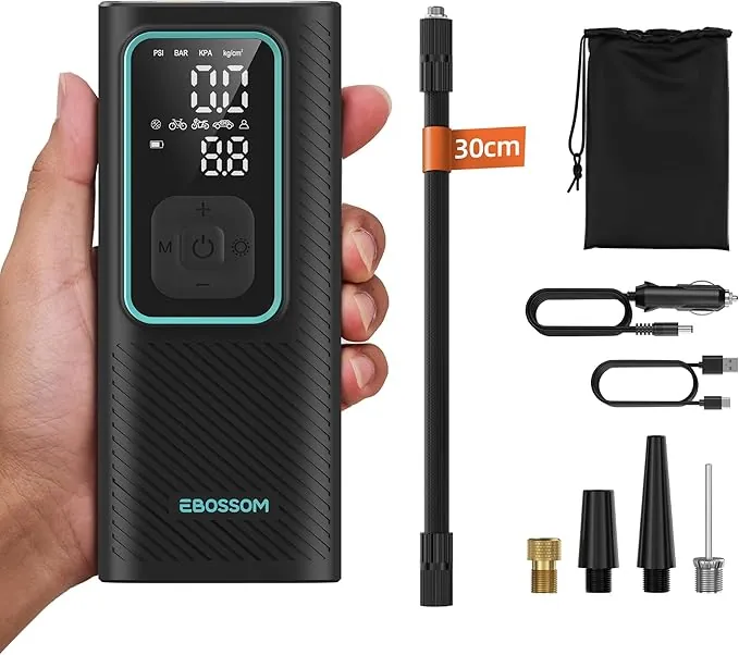 Compresor Aire Portátil de 10,3Bar, Inflador Ruedas Coche a Batería 6000 mAh y 12V DC, Mini Inflador Electrico para Auto, Moto, Bicicleta y Pelota, Bomba de Aire con Función de Luz LED, Carga USB-C