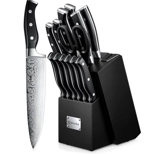 D.Perlla Juego de Cuchillos, Juego de Bloque de Cuchillos de Cocina de Acero Inoxidable Alemán de 14 Piezas con Afilador Incorporado, Negro