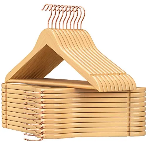 SONGMICS Percha de Madera Maciza, Juego de 20, con Ranuras para Hombros, Barra Antideslizante para Pantalones, Gancho Giratorio de 360°, para Trajes, Camisas, Abrigos, Natural y Oro Rosa CRW001N01