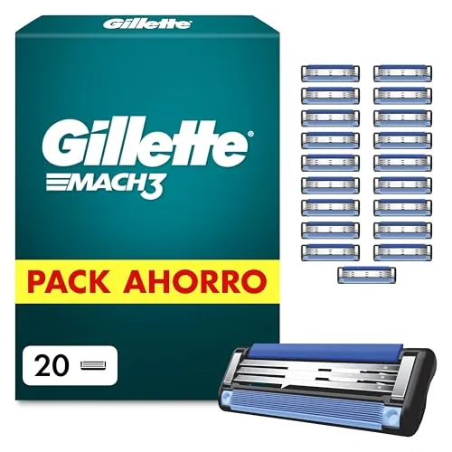 Gillette Mach3 Base Recambios para Maquinillas de Afeitar para Hombre, Pack de 24 Cuchillas de Afeitar con 3 Hojas Y Banda Lubricante para Un Afeitado Suave, Compatible con Todos Los Mangos Mach3