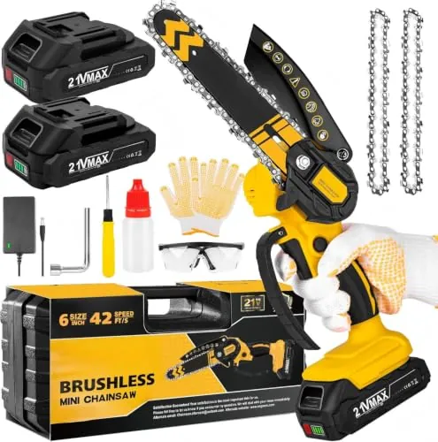 Mini Motosierra Bateria,6 Pulgadas Sin escobillas, motosierra eléctrica,con motor de 1000 W y 2 baterías,Ideal para corte de madera y poda de ramas