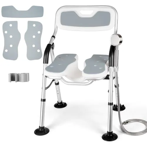 DEWEL Silla Ducha Personas Mayores, con Respaldo y Brazos, InstalacióN Sin Herramientas, con Ranuras, Altura Ajustable, Capacidad de Carga 150 Kg, Silla para Ducha para Personas Mayores (Gris)
