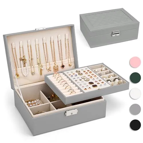 Joyeros Mujer Organizador 2 Niveles Caja Joyero Cuero PU, Gris Plata