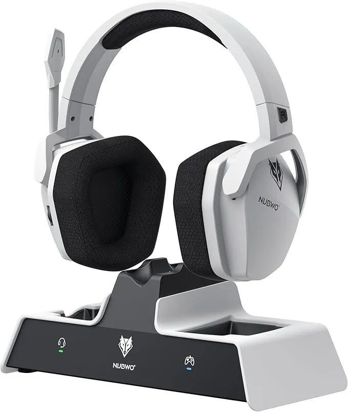 NUBWO G06 Pro Auriculares Gaming inalámbricos con Estación de Carga para Auriculares y Controlador PS5, 17ms de Baja Latencia, 120h de Duración de la Batería, Controladores Dinámicos de 50mm - Blanco