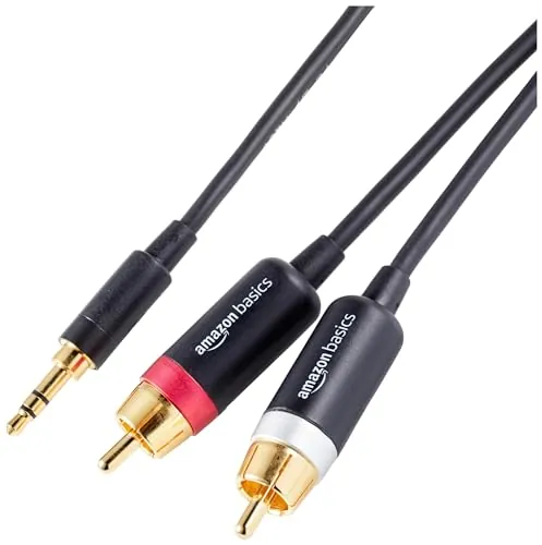 Amazon Basics Cable de Audio y Adaptador, de 3,5 Auxiliar a 2 RCA, para amplificadores, Altavoces Activos con Conectores chapados en Oro, 1.2 m, Negro
