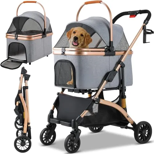 MAMIZO Carro para Perros 3 en 1,Cochecito Plegable con Cesta de Almacenamiento,Ventanas de Malla y Soporte para Bebidas,para Perros y Gatos,hasta 20 kg,4 Ruedas Giratorias 360°,Gris Oscuro