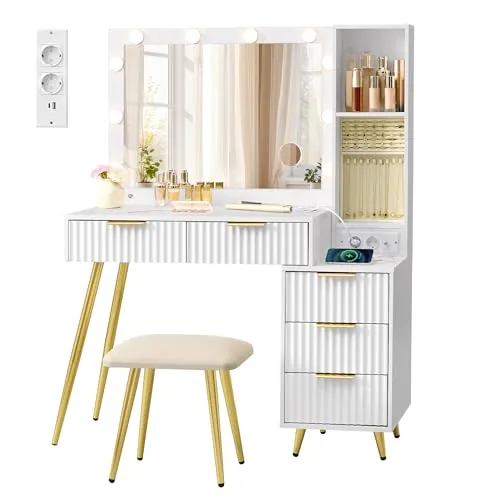 VASAGLE Tocador con Espejo y Taburete, Mesa de Maquillaje con Cajones, Lupa de 10x, Iluminación LED, Bandeja para Joyas, Enchufe Múltiple, 40 x 110 x 135 cm, Blanco Nube RVT020WB01