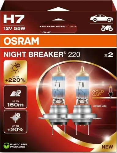 OSRAM NIGHT BREAKER 220, H7, 220% más brillo, lámpara de faro halógeno, 64210NB220-2HB, Caja plegable (2 lámparas)