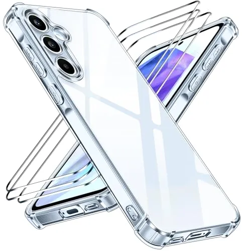 ivoler Anti-Amarillo Clara Funda para Samsung Galaxy A55 5G con 3 Piezas Cristal Templado, [Protección Militar] Carcasa Protectora Antigolpes con Cojín Esquina Parachoques Transparente Bumper Case