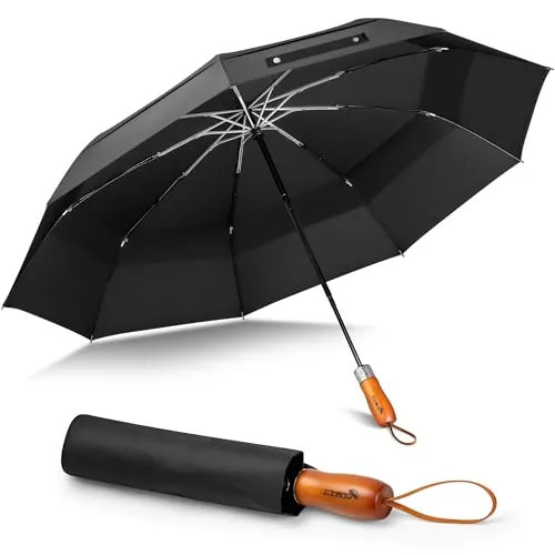 ZOMAKE Paraguas Plegable 54 Inch,Paraguas Plegable Antiviento Grande XXL 134 cm con Doble Capota,Umbrella Resistente con Mango de Madera para Hombre Mujer(Negro)