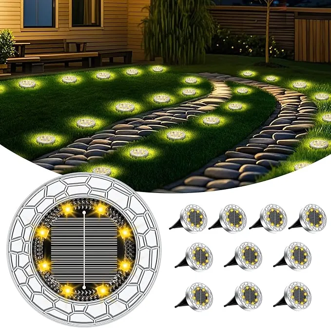 FIFlying 10 Piezas Luces Solares LED Exterior Jardín, 8 LED Luces Solares LED Exterior Jardín Suelo, Acero Inoxidable, Luces Solares LED Jardín para Césped, Camino, Acera, Patio, Blanco Cálido