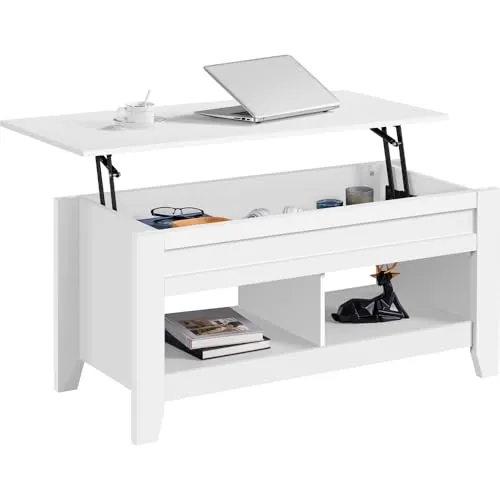 Yaheetech Mesa Centro Elevable de Madera Mesa de Café para Salón con Revistero Mueble de Diseño Moderno 104.5 x 49.5 x (49-61.5) cm Blanco