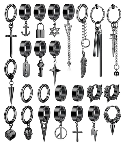 Diamday 25 Piezas Clip Pendientes Acero Inoxidable Cruz Cadena Negro Huggie Hoop Pendientes Non Pierced Punk Gothic Kpop Colgantes Falsos