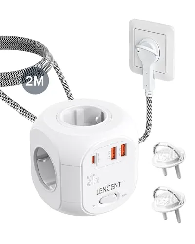 LENCENT Cubo Regleta Enchufe 2M con Carga Rápida PD20W, Ladron Enchufes Plano 2500 W/10 A con Interruptor con 4 Tomas de CA, 2 USB y 1 Tipo C para Mesa, Casa, Cocina y Oficina