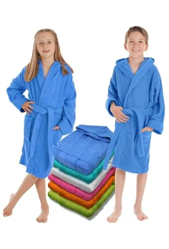 LEBENGOOD - Albornoz Niños Niñas unisex, Infantil - 100% Algodón OEKO-TEX® - 2 Bolsillos, Cinturón, Capucha, Albornoces Felpa muy suave Niño niña, adolescente… (14, Azulon)