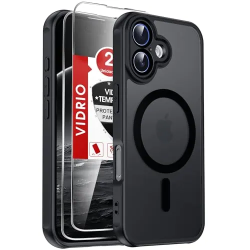 LeYi Funda Magnética para iPhone 16 con 2× Cristal Templado, Negro | Compatible con MagSafe Mate Carcasa Translúcido Esmerilado Grado Militar Antigolpes Case