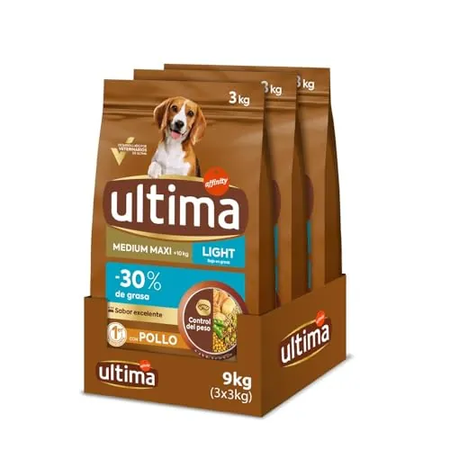 Ultima Medium-Maxi Light In Fat Pollo, Comida seca para perros, Pack de 3 x 3kg, Total 9kg