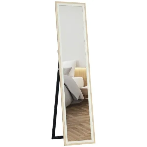 HOMCOM Espejo de Pie Cuerpo Entero 157x37 cm Natural Claro y Blanco