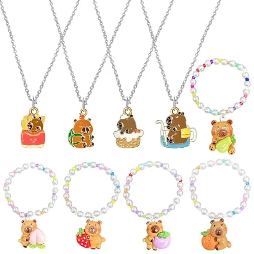 Fortivae Collar Pulseras Niña, 9 Pcs Conjunto de Joyas Dibujos Animados de Capybara, Capybara Collar Pulseras, Joyería Niña Regalo de Cumpleaños de Fiesta