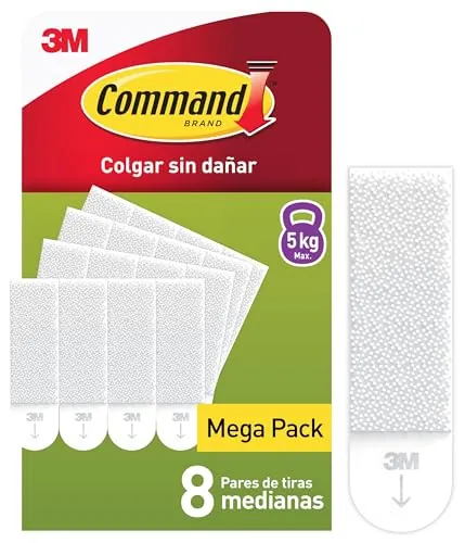 Command Tiras Adhesivas para Colgar Cuadros Medianas, 8 Pares (16 Tiras) Blancas – Para Marcos, Espejos y Adornos – Soporta Hasta 5 kg – Sin Agujeros ni Taladro