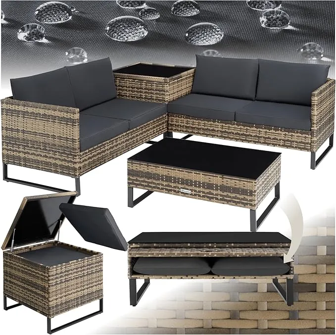 tectake® Conjunto Jardín de Ratán con Cojines Gruesos, Muebles Jardín Exterior 2 Sofás, 1 Mesa Cristal, 1 Caja Almacenamiento, Conjunto Terraza Resistente a la Intemperie, Estructura Acero - natural
