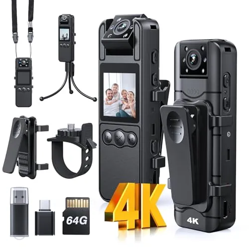BOBLOV A26 Mini cámara Corporal 4K 64GB, Lente giratoria, cámaras corporales pequeñas con visión Nocturna, grabación de vídeo de 6 Horas, Personal