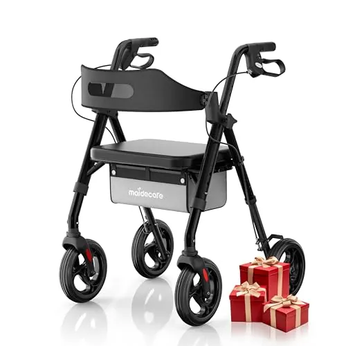Andador para Ancianos con Asiento Plegable, Manillar y Asiento Regulables en Altura, Caminadores para Mayores, Ayuda para Caminar Ligera con Freno, Ruedas 8" Todoterreno, Negro