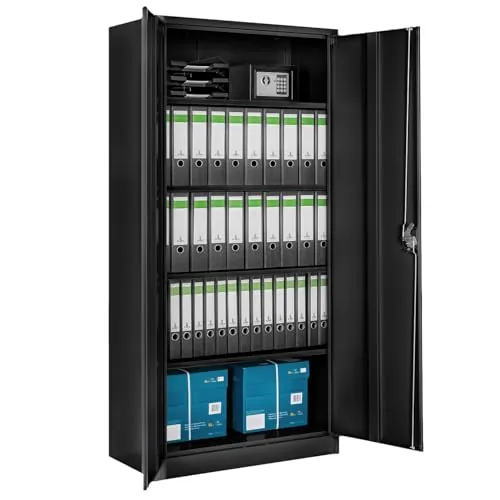tectake® Armario Archivador Oficina en Acero, Armario Exterior e Interior con Cerradura, Armario Multiusos con 2 Puertas, 4 Estantes Ajustables y 5 Alturas, Fácil Montaje, 180x80x40 cm - Negro/Negro