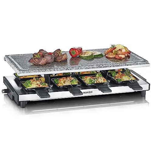 SEVERIN Raclette-Grill con piedra natural, parrilla eléctrica de sobremesa, raclette para 8 personas con placa de parrilla grill y 8 sartenes, plástico/acero inoxidable, negro, RG 2374